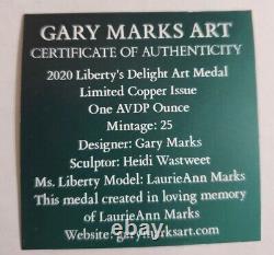 1 oz 2020 LIBERTY'S DELIGHT copper round. Gary Marks / Heidi Wastweet. 25 Minted
