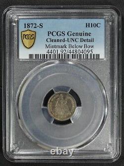 1872 S Mint Mark Below Bow Seated Liberty Silver Half Dime PCGS UNC Detail Clnd