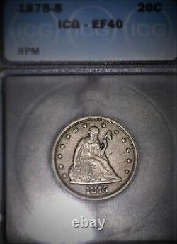 1875-S Twenty Cent Piece. ICG EF40RPM. Repunched Mint Mark. Issue Free