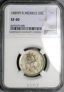 1889-Pi NGC XF 40 Mexico 25 Centavos Potosi Over Mint Mark Silver Coin 23022403C