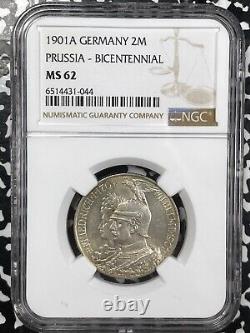 1901-A Germany Prussia 2 Mark NGC MS62 Lot#G4698 Silver! Nice UNC! KM#525