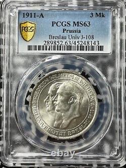 1911-A Germany Prussia 3 Mark PCGS MS63 Lot#G3359 Silver! Choice UNC! J-108