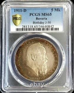 1911 D Silver Bavaria German State 5 Mark 90th Birthday Coin Pcgs Mint State 65