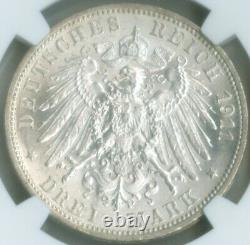 1911-F Lo-Bar Germany Wurttemberg Anniversary 3 Mark Silver NGC MS 65 (2330478)