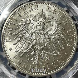 1913-A Germany Prussia 5 Mark PCGS MS63 Lot#G2749 Large Silver! Choice UNC