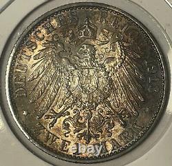 1913-Pr ZWEL MARK Germany 3 M Prussia Silver Mint State BU Uncertified