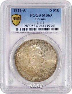 1914 A German States Prussia 5 Mark Silver Wilhelm II PCGS Secure MS63 Coin