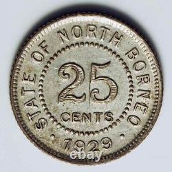 1929 About Uncirculated British North Borneo Silver Coin 25 Cents Mint Mark H