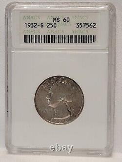 1932 S Washington Silver Quarter. 25 ANACS MS60 KEY DATE & MINT MARK