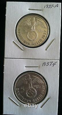 1937 Germany Third Reich Silver 5 Mark (with swastika) Six Coin Mint Mark Set