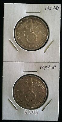 1937 Germany Third Reich Silver 5 Mark (with swastika) Six Coin Mint Mark Set