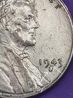 1943-S 1C Lincoln Cent Error. S/D Over Stamp Mint Mark, WWll Steel Penny