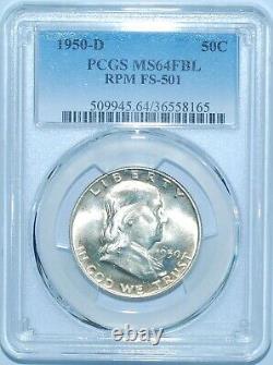 1950 D/D PCGS MS64FBL FS-501 RPM Repunched Mint Mark Franklin Half Dollar