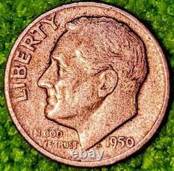 1950 USA Dime D Mint Mark On Reverse Light Matte Damson Red Tones Over Silver