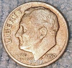 1950 USA Dime D Mint Mark On Reverse Light Matte Damson Red Tones Over Silver