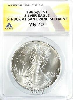 1986 (S) American Silver Eagle $1 Gem Uncirculated ANACS MS70 NO MINTMARK