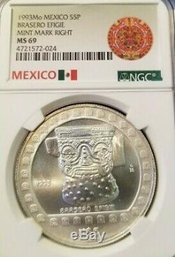 1993 Mexico Silver 5 Pesos Brasero Efigie Mint Mark Right Ngc Ms 69 Top Pop 2