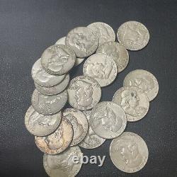 20 Silver Franklin Halves. Mixed Dates And Mint Marks. Various Condition