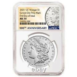 2021 $1 Morgan Silver Dollar CC Privy Mark NGC MS70 FDI 100th Anni. Label