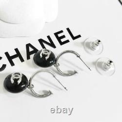 Chanel Earring Women 99P Hoop Silver Coco Mark Black Logo Mint Condition Auth