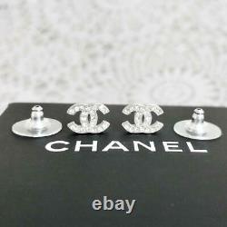 Chanel Earring Women Mini Silver Rhinestone Coco Mark Logo Mint Authentic WithBox