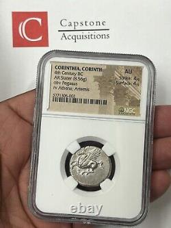 Corinthia Corinth 330-300 BC Pegasus Silver Stater NGC AU with Artemis mint mark