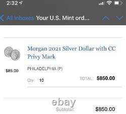 FIVE 5 LOT 2021 Morgan Silver Dollar CC Privy Mark COA SHIPS 10/21 100th Anniv