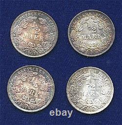 Germany Empire 1/2 Mark Silver Coins 1906-a, 1907-a-j, 1908-a, Lot Of (4)