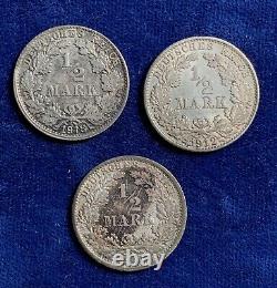 Germany Empire 1/2 Mark Silver Coins 1912-f, 1917-f, & 1918-f, Lot Of (3)