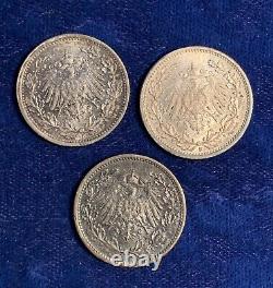 Germany Empire 1/2 Mark Silver Coins 1912-f, 1917-f, & 1918-f, Lot Of (3)