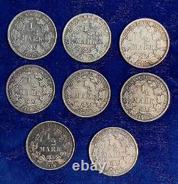 Germany Empire 1/2 Mark Silver Coins 1917-a-g-j, 1918-a-f-g-j, 1919, Lot Of (8)