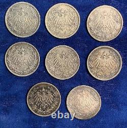 Germany Empire 1/2 Mark Silver Coins 1917-a-g-j, 1918-a-f-g-j, 1919, Lot Of (8)