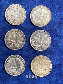 Germany Empire 1/2 Mark Silver Coins, Lot Of (6) 1905-a-d, 1907-d-f-g, 1908-j