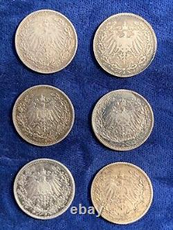 Germany Empire 1/2 Mark Silver Coins, Lot Of (6) 1905-a-d, 1907-d-f-g, 1908-j
