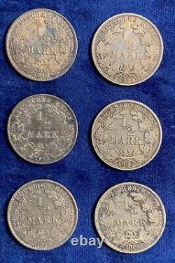 Germany Empire 1/2 Mark Silver Coins, Lot Of (6) 1909-d-f, 1913-a-d-e-f