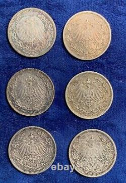 Germany Empire 1/2 Mark Silver Coins, Lot Of (6) 1909-d-f, 1913-a-d-e-f