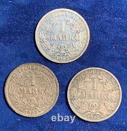 Germany Empire 1 Mark Silver Coins 1902-a, 1903-d, & 1903-j, Lot Of (3)