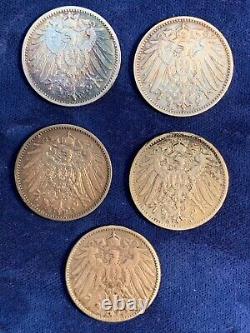 Germany Empire 1907-a-d-e-f-g 1 Mark Silver Coins, Group Lot Of (5)