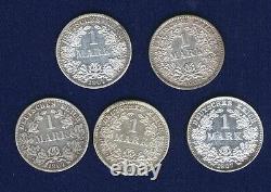 Germany Empire 1907-a-d-e-f-g 1 Mark Silver Coins, Group Lot Of (5)