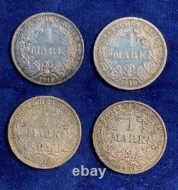 Germany Empire 1909-a, & 1910-a-d-f, 1 Mark Silver Coins, Group Lot Of (4)