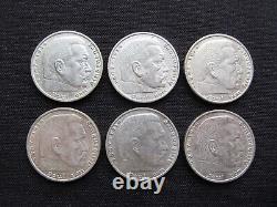 Germany Lot Of Six (6) Silver Paul Von Hindenberg 5 Mark Lovely Au Pre-war Lot