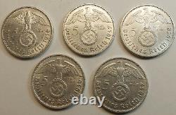 Germany Lot of 5 x 5 Marks 1936 1937 1938 A, D World War II Third Reich Silver