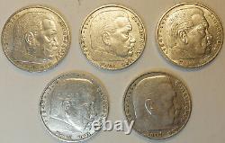 Germany Lot of 5 x 5 Marks 1936 1937 1938 A, D World War II Third Reich Silver