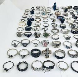 Huge Lot Of Vintage Marked And Unmarked 925 Sterling Silver Multi-Stones Rings