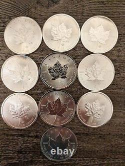 Lot of 10 2014 $5 Silver Canadian Maple Leaf 1 oz Silver Coins Leaf Privy Mark
