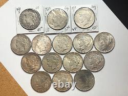 Lot of 15 Peace Silver Dollars With Mint Marks Higher Grade Coins