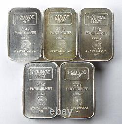 Lot of 5 1981 USVI Ingot Co A-Mark Amark 1 Troy oz. 999 Fine Silver Bars 192