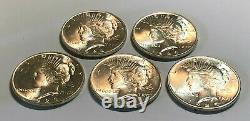Lot of 5 BU $1 Silver Peace Dollars, Common Dates and Mint Marks