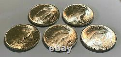 Lot of 5 BU $1 Silver Peace Dollars, Common Dates and Mint Marks