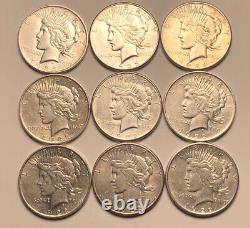 Lot of 9 Peace Silver Dollars All with Mint Marks D S Higher Grade Set of Coins